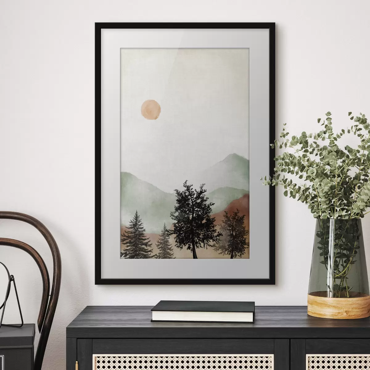 Poster Paisaje sereno con árboles y sol f36592