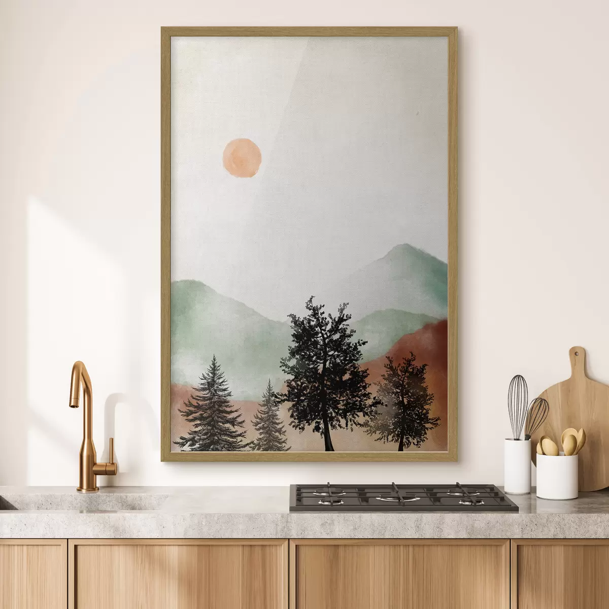 Poster Paisaje sereno con árboles y sol f36592