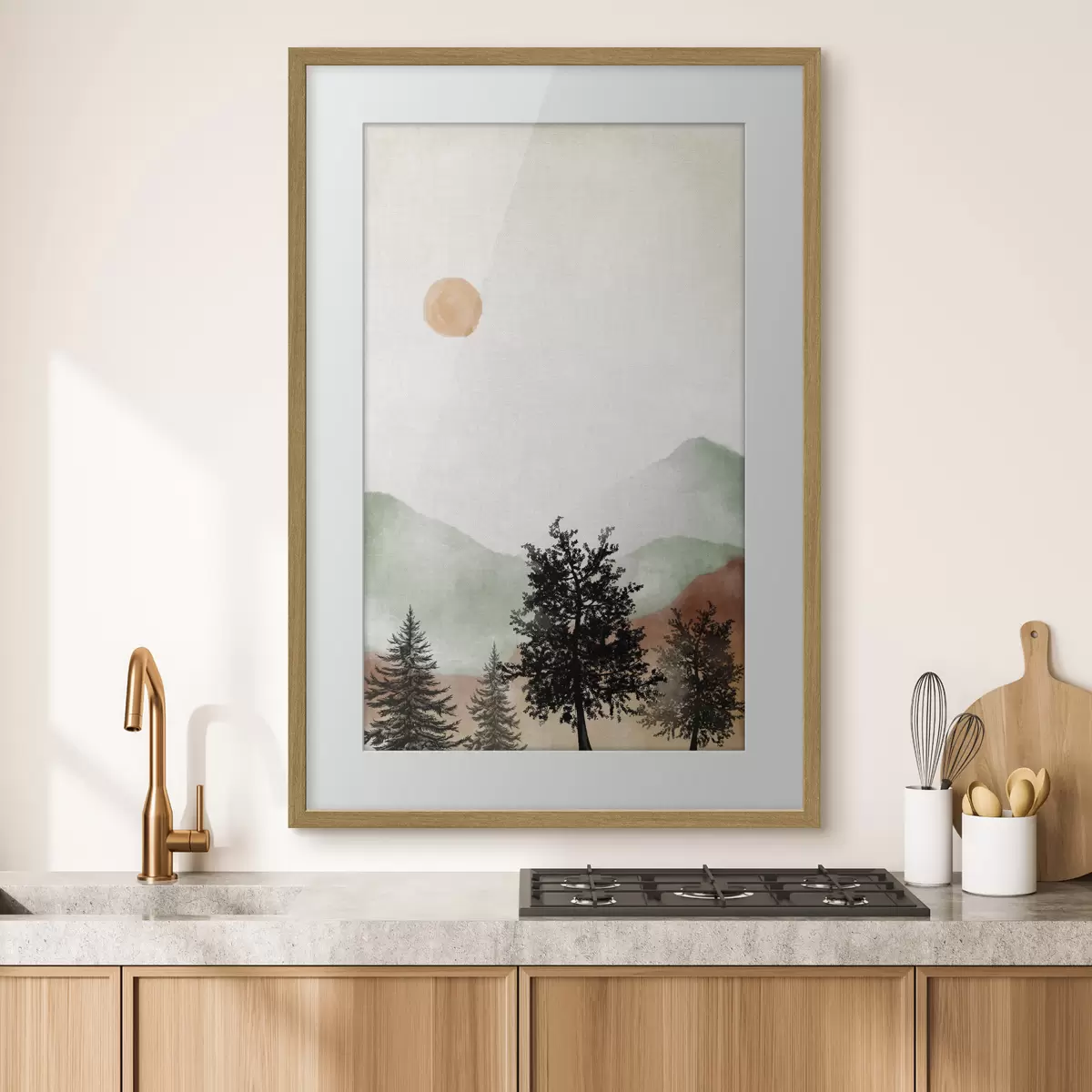 Poster Paisaje sereno con árboles y sol f36592