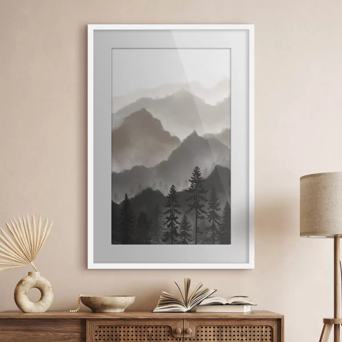 Poster Tranquilo paisaje montañoso con árboles imponentes f36607v1