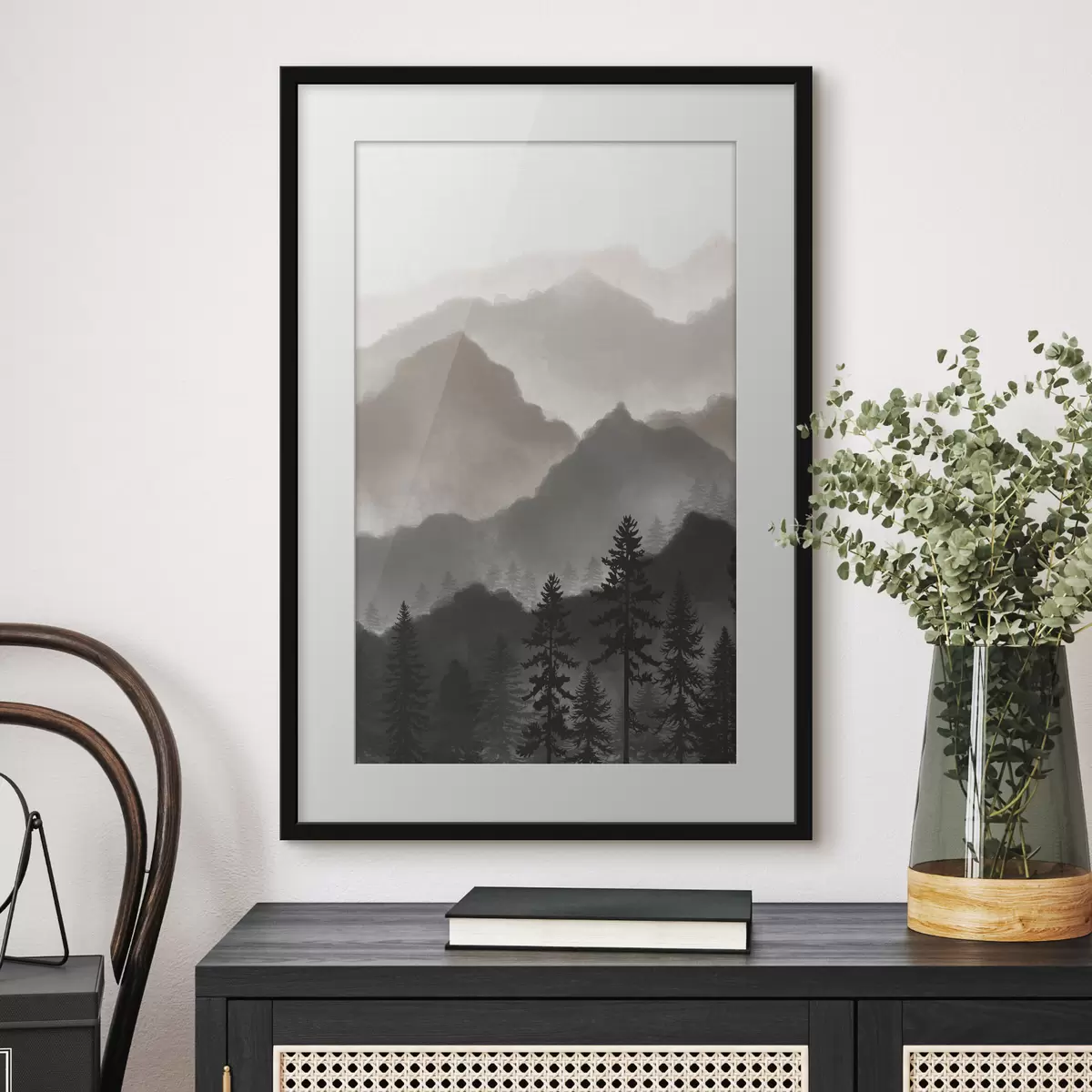 Poster Tranquilo paisaje montañoso con árboles imponentes f36607v1