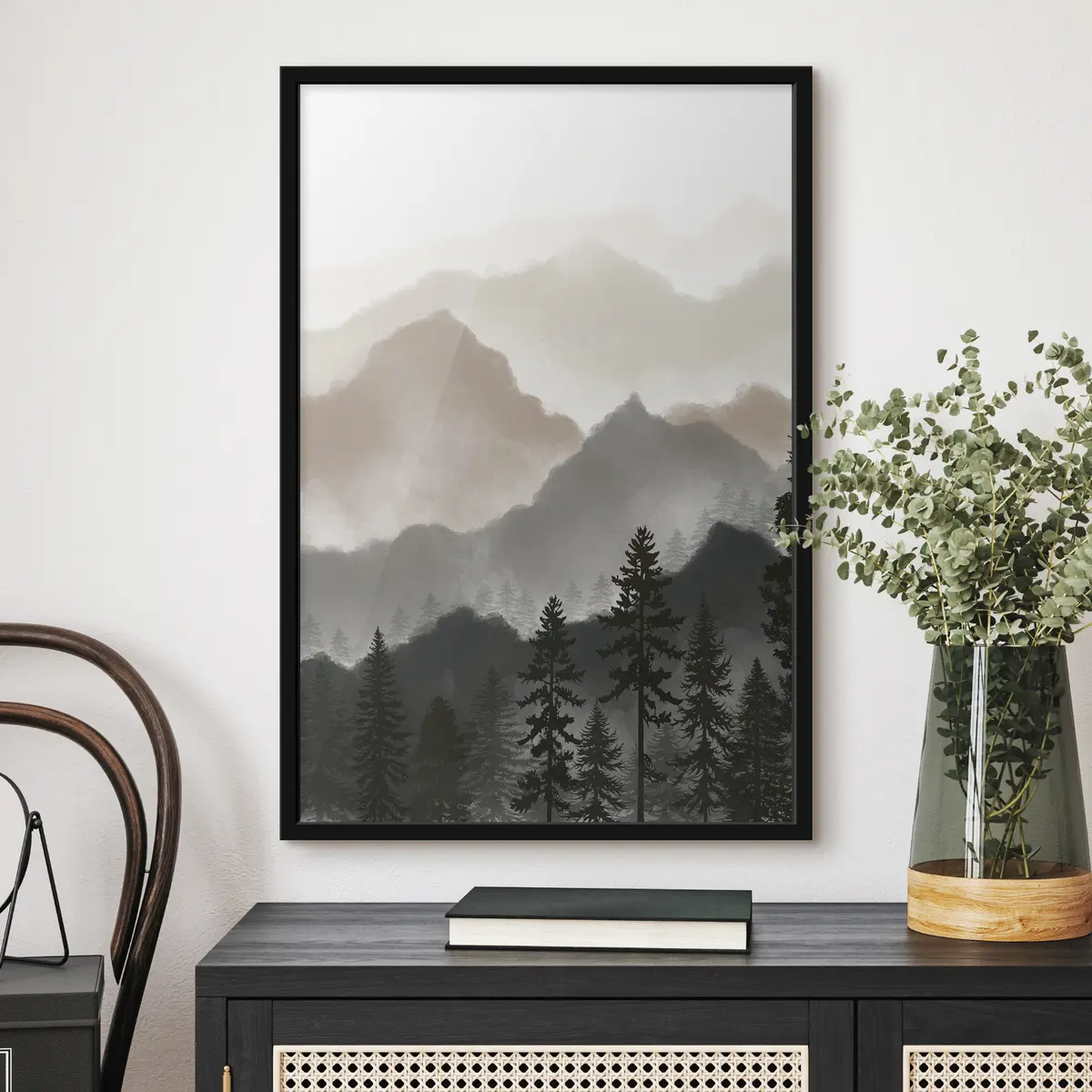 Poster Tranquilo paisaje montañoso con árboles imponentes. f36607v1