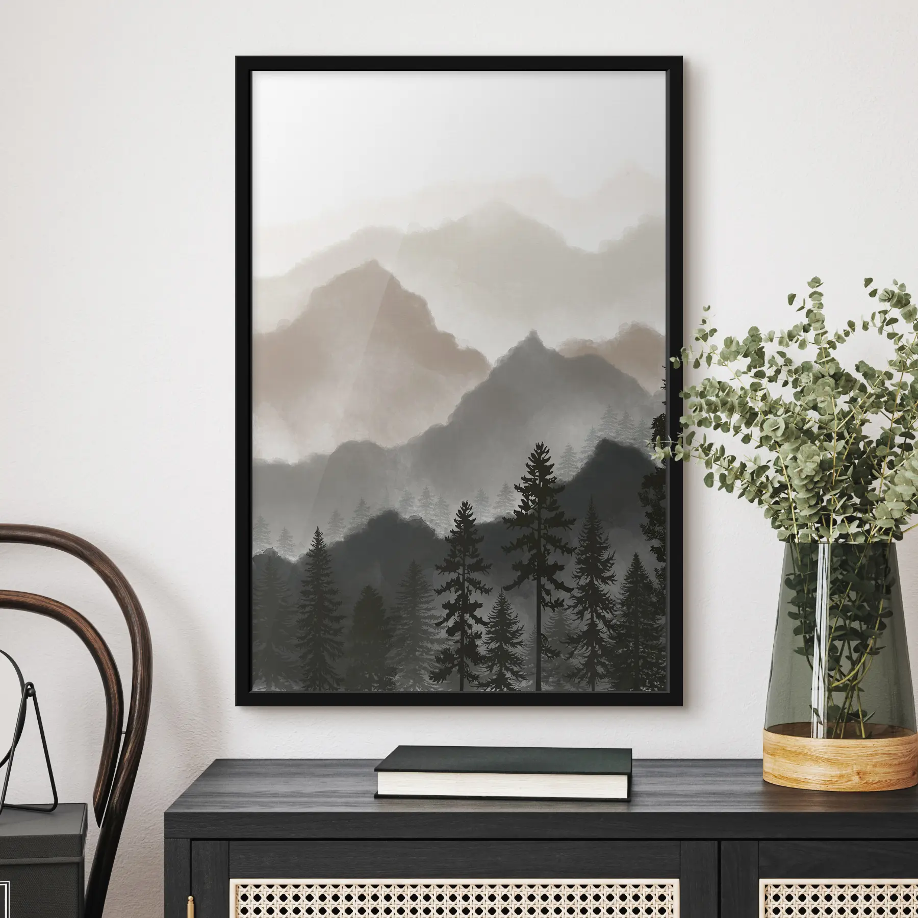 murales de pared Tranquilo paisaje montañoso con árboles imponentes. f36607v1