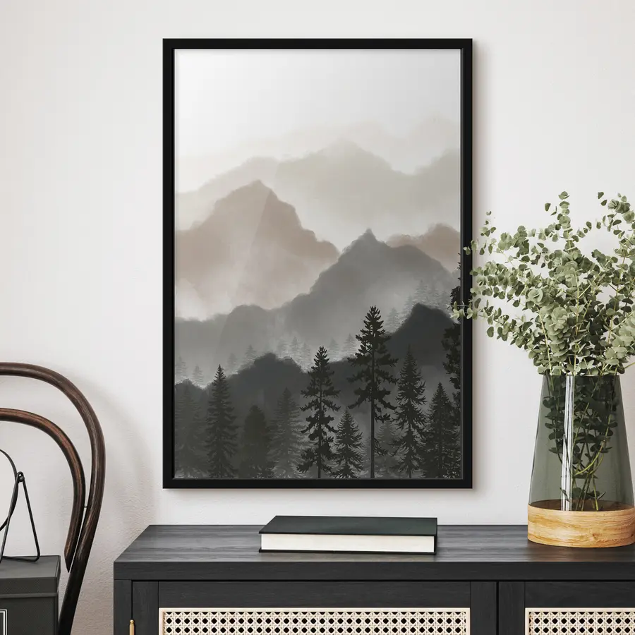 murales de pared Tranquilo paisaje montañoso con árboles imponentes. f36607v1