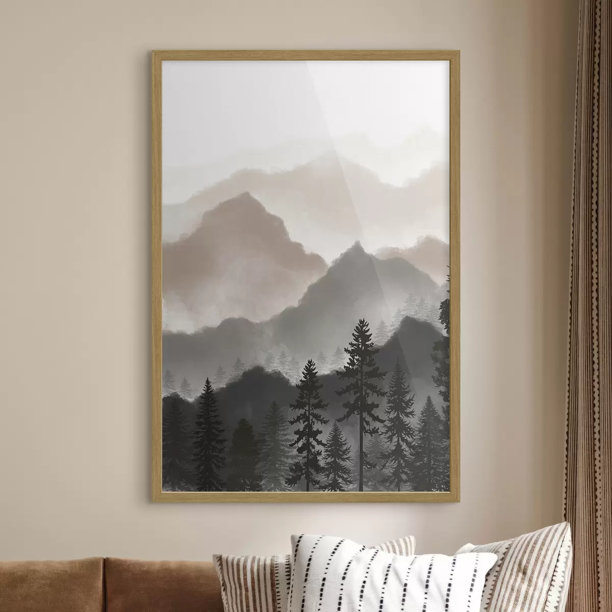 Poster Tranquilo paisaje montañoso con árboles imponentes f36607v1