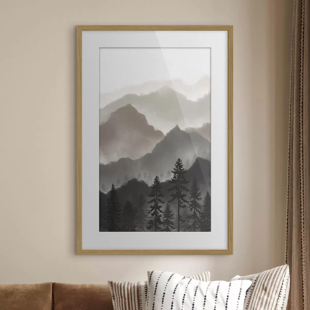 Poster Tranquilo paisaje montañoso con árboles imponentes f36607v1