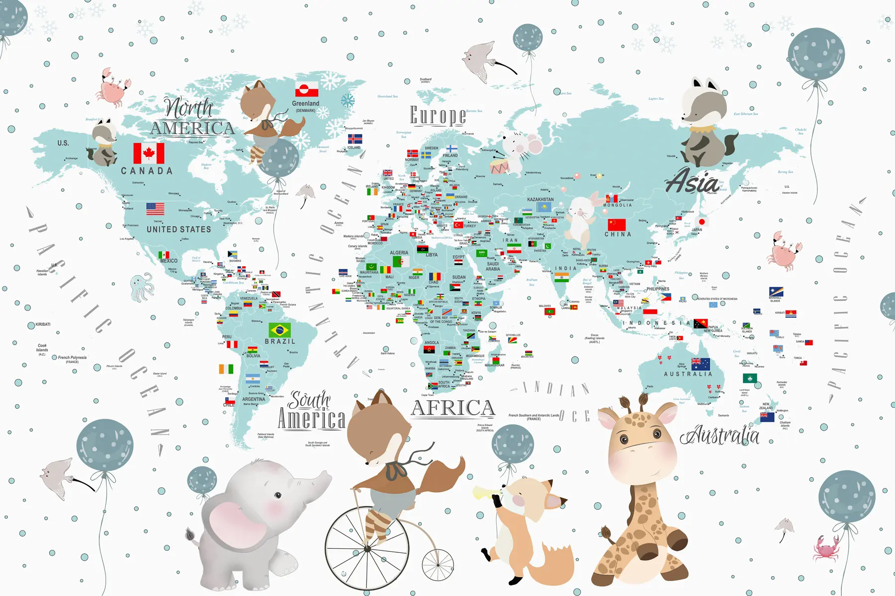 murales de pared Mapamundi infantil con animales u99228