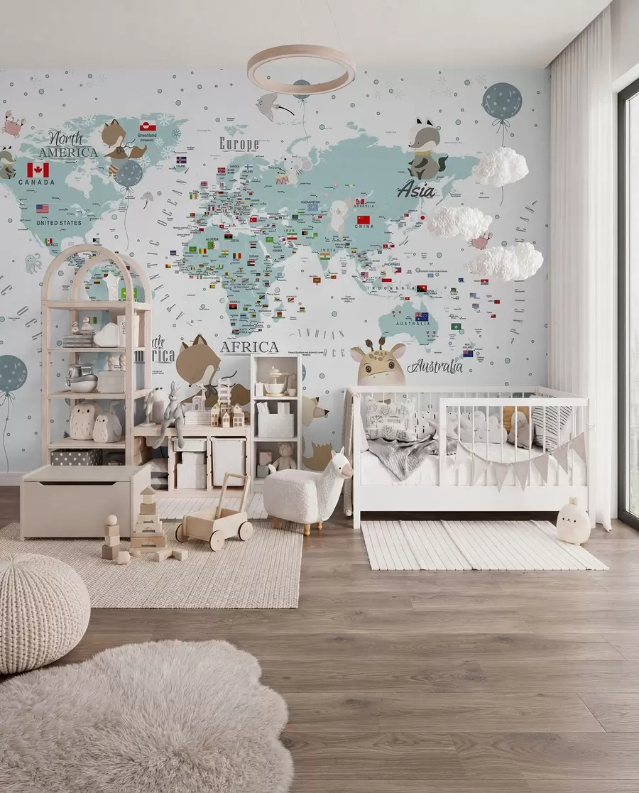 murales de pared Mapamundi infantil con animales u99228