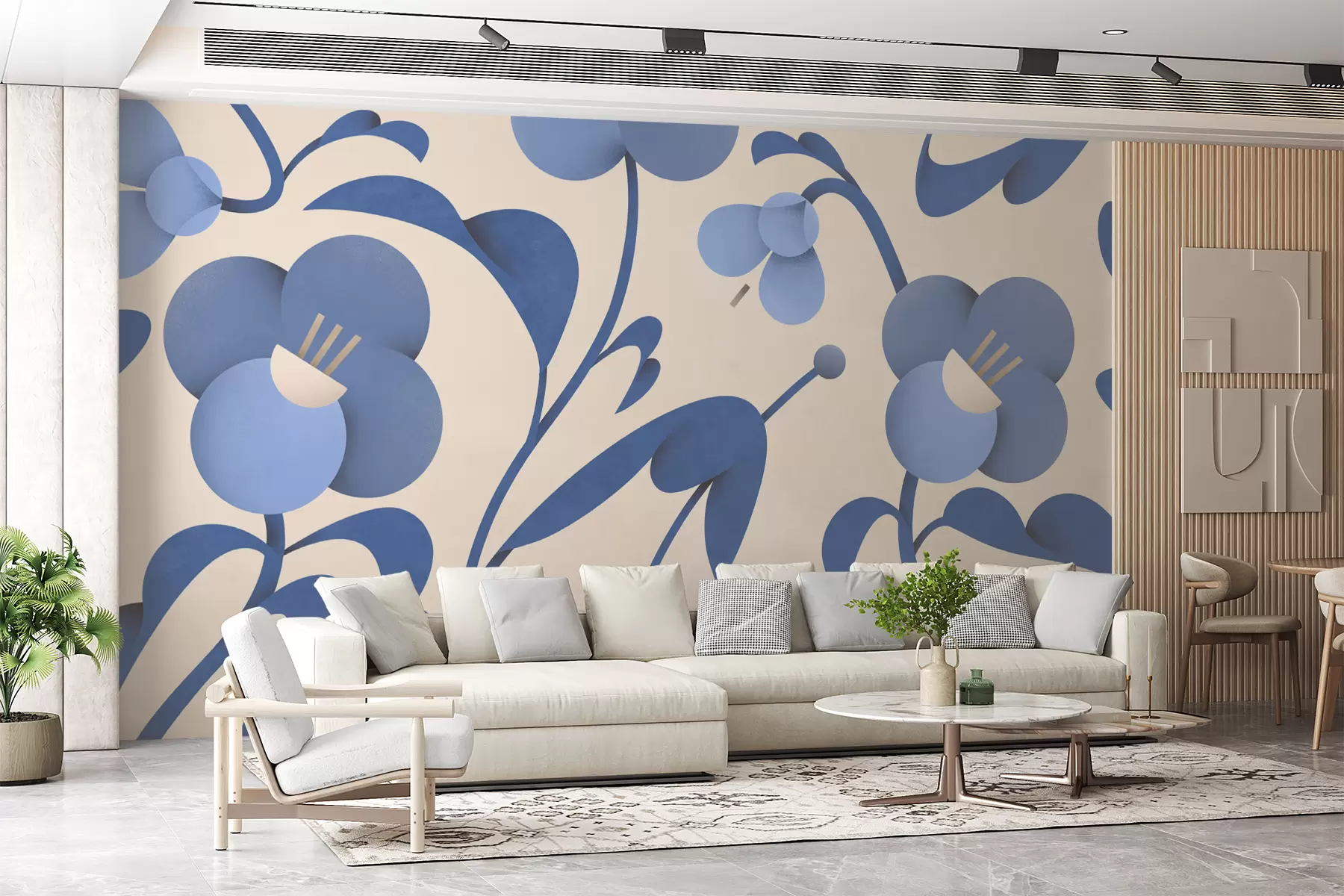 murales de pared Estampado botánico con flores azules decorativas sobre fondo beige u99196v7
