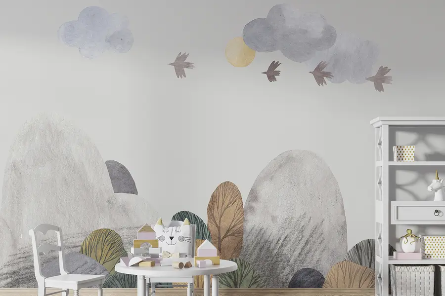 murales de pared Paisaje en acuarela con árboles, pájaros y nubes u99202