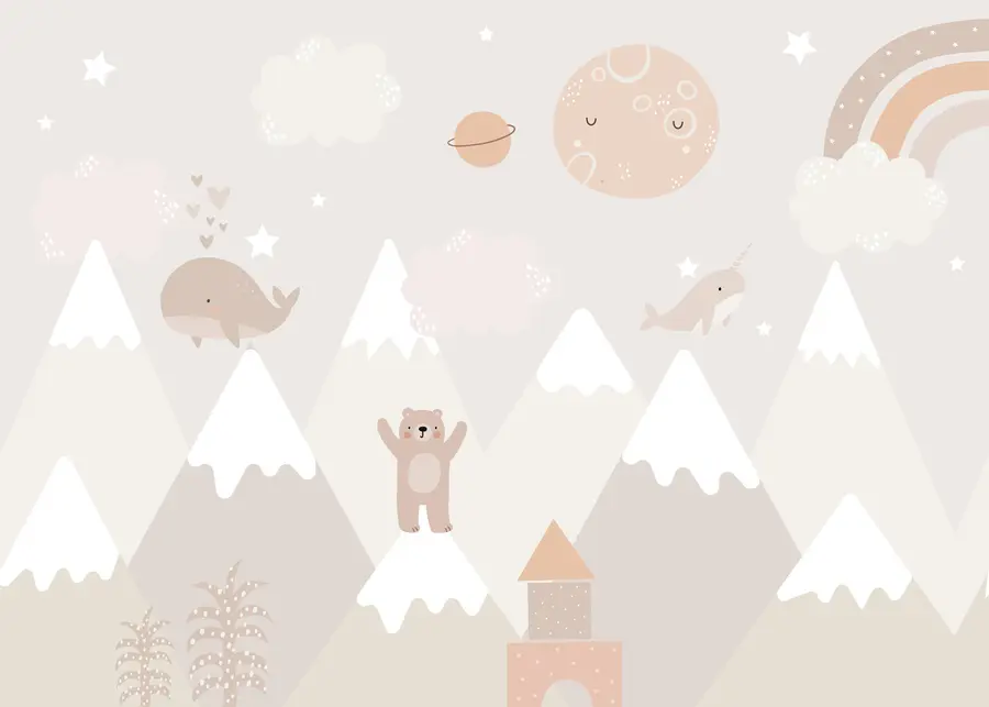 murales de pared Montañas con simpáticos animales, nubes y planetas, colores beige u99206