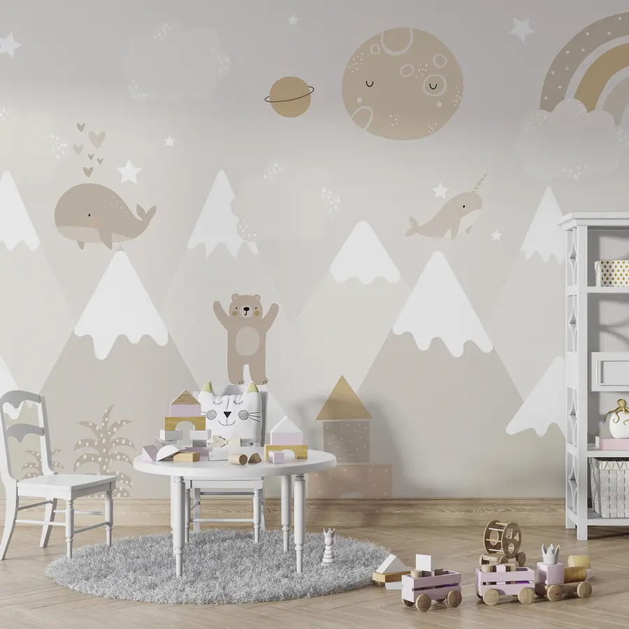 murales de pared Montañas con simpáticos animales, nubes y planetas, colores beige u99206