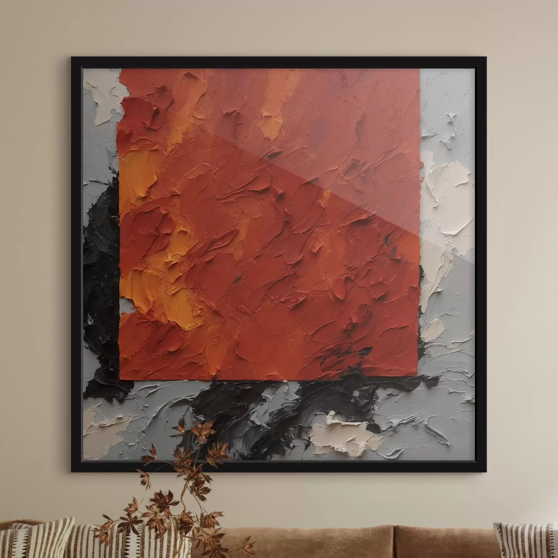 murales de pared Pintura al óleo abstracta con cuadrado rojo f37167