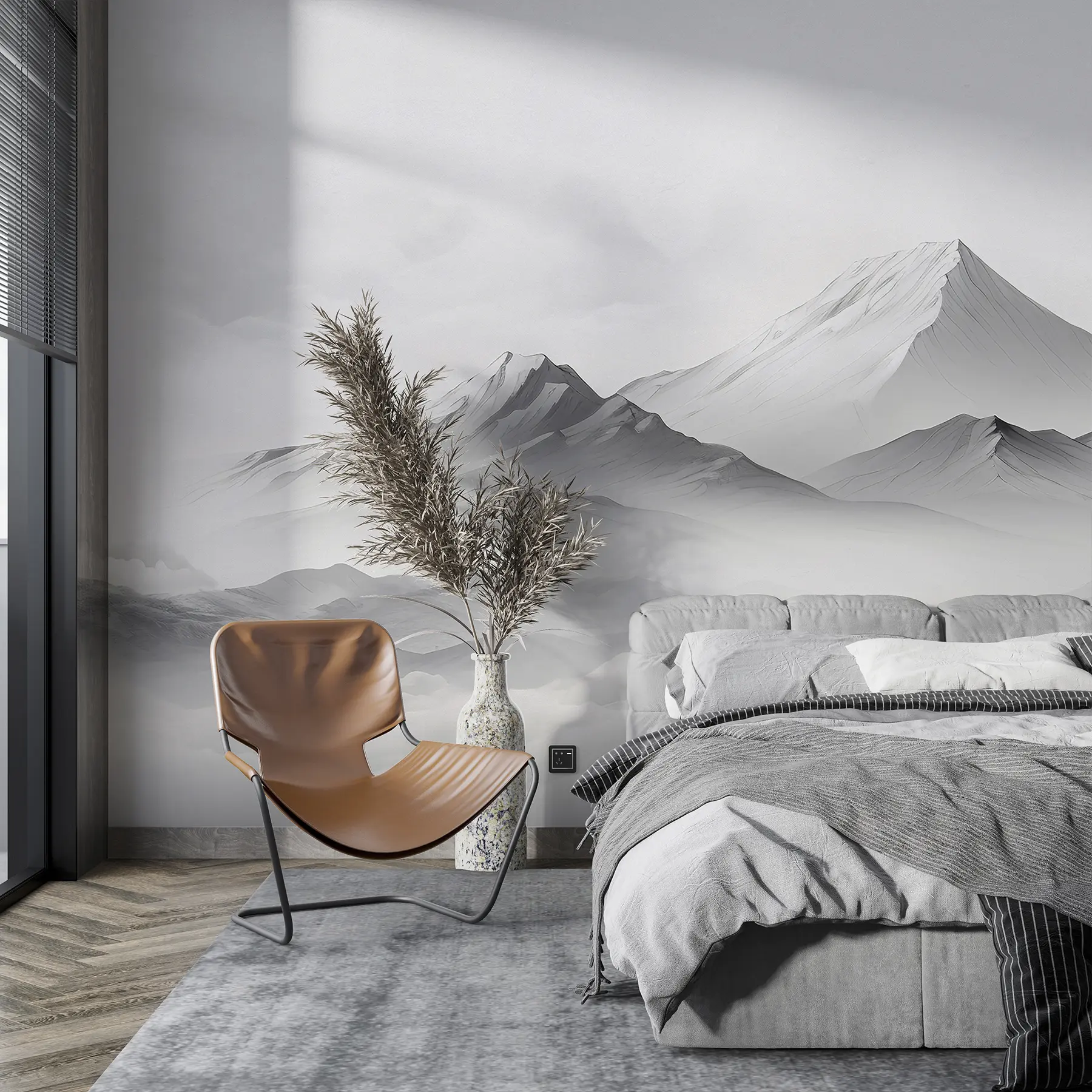 murales de pared Montañas en las nubes, niebla, color gris, paisaje u99458d1