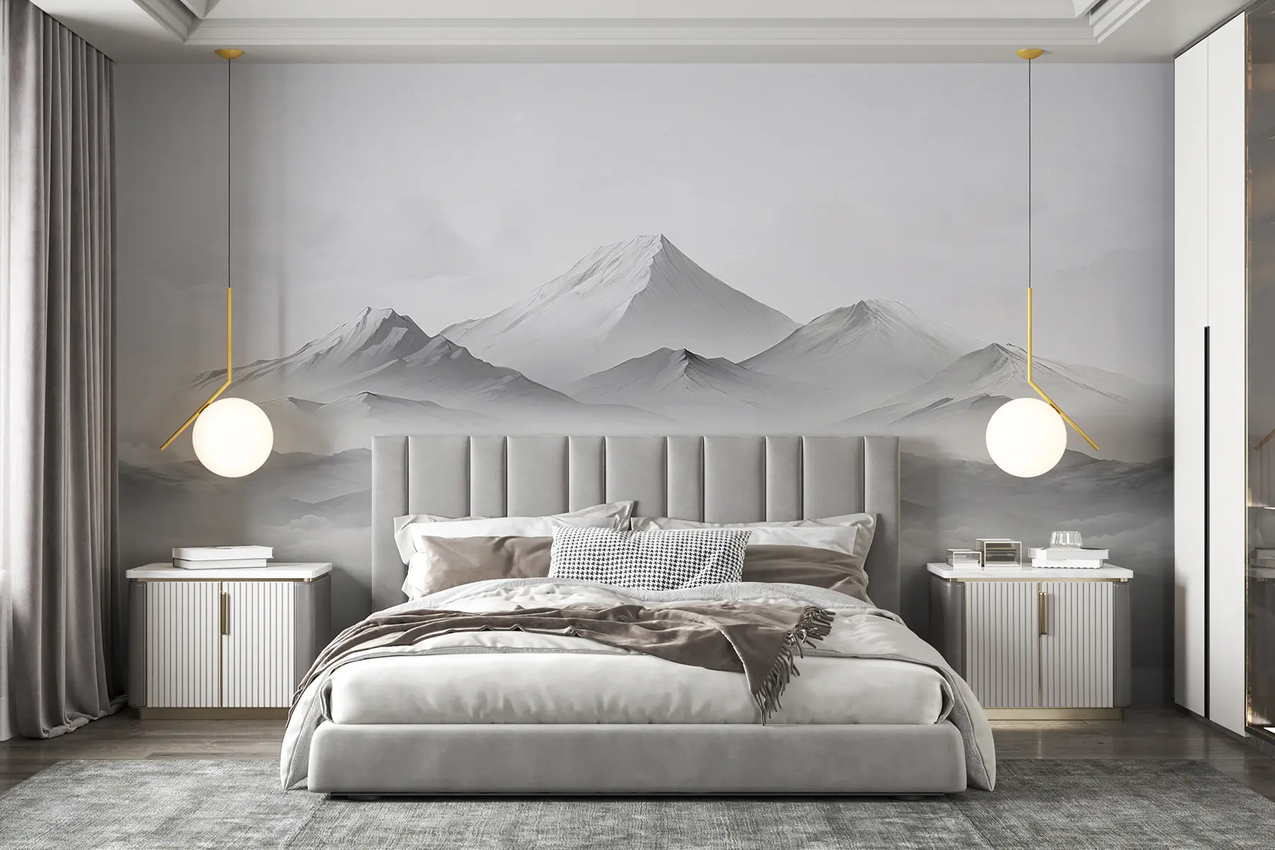 murales de pared Montañas en las nubes, niebla, color gris, paisaje u99458