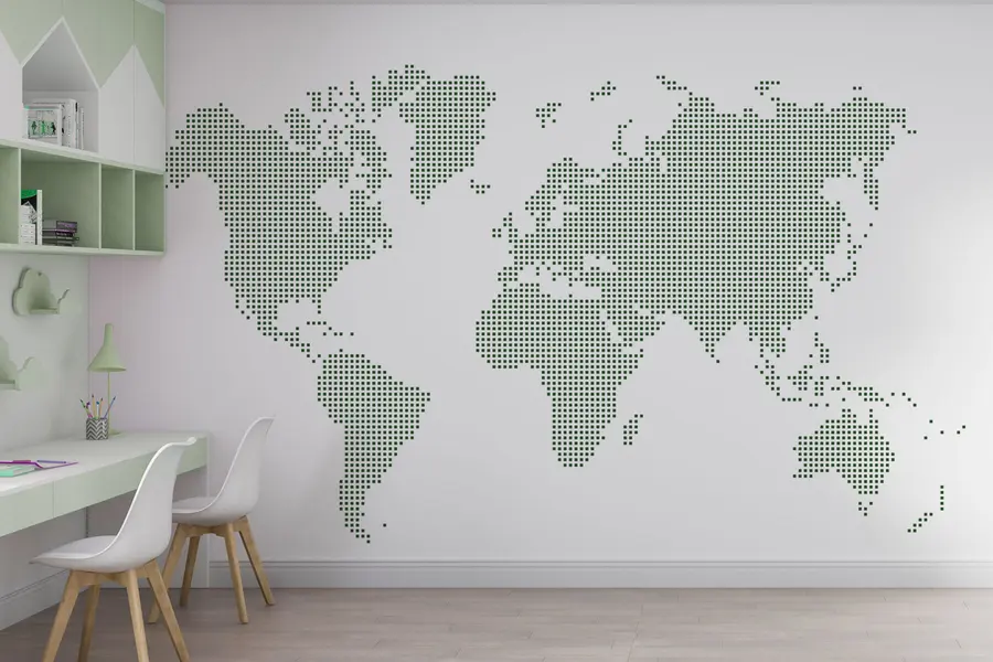 murales de pared Mapa del mundo con puntos cuadrados verdes u99406v2