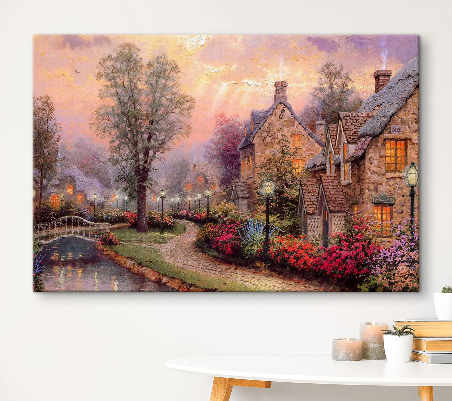 murales de pared Pueblo encantador al atardecer, ambiente sereno s19091