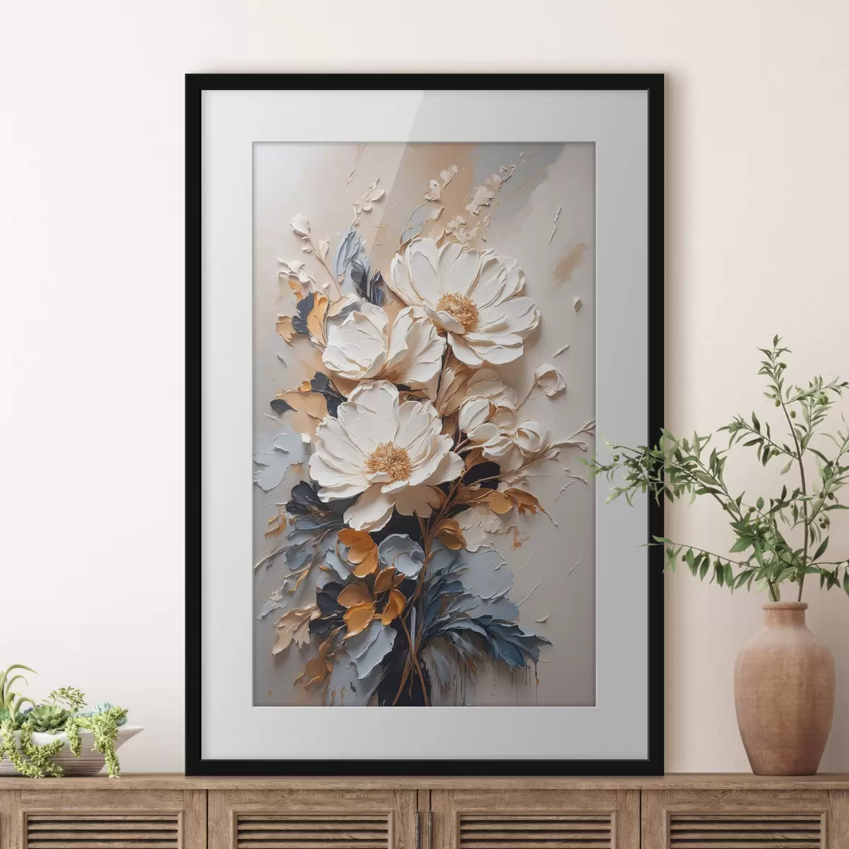 Poster Flores marfil y hojas oscuras f37327