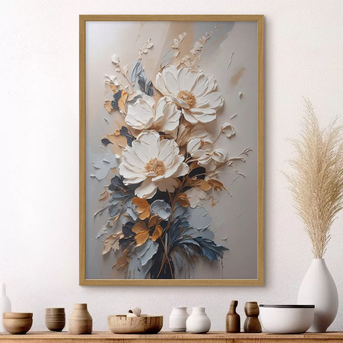 Poster Flores marfil y hojas oscuras f37327