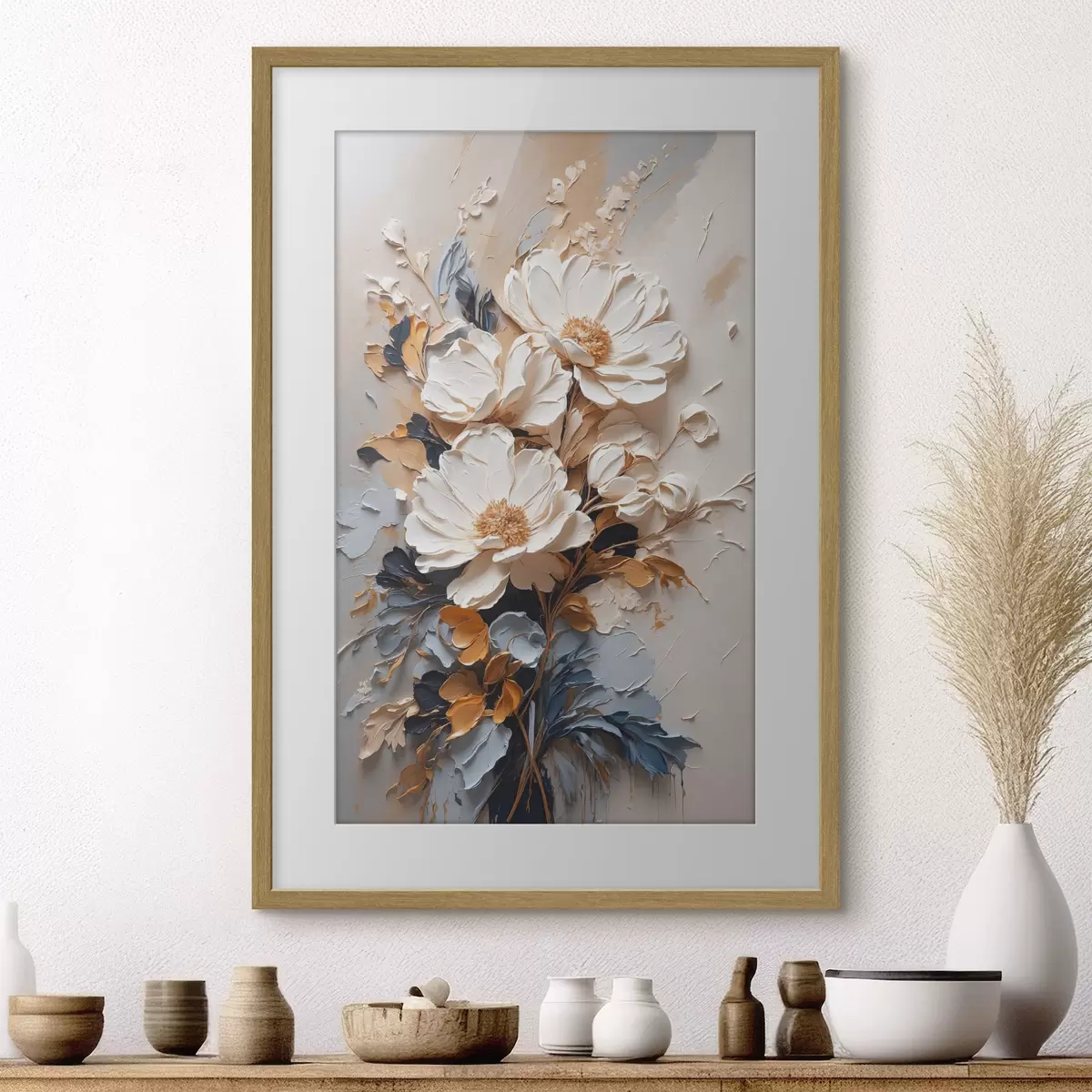 Poster Flores marfil y hojas oscuras f37327
