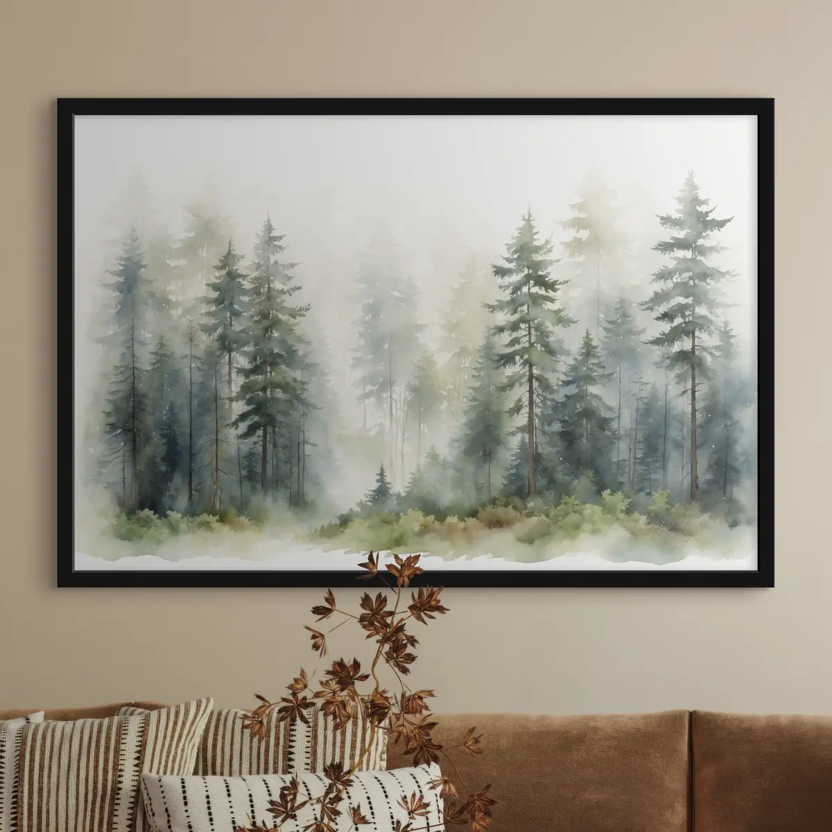 Poster Paisaje boscoso brumoso en tonos suaves f37337