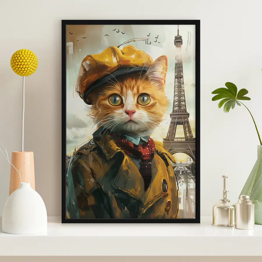 murales de pared Gato elegante con atuendo parisino f37456
