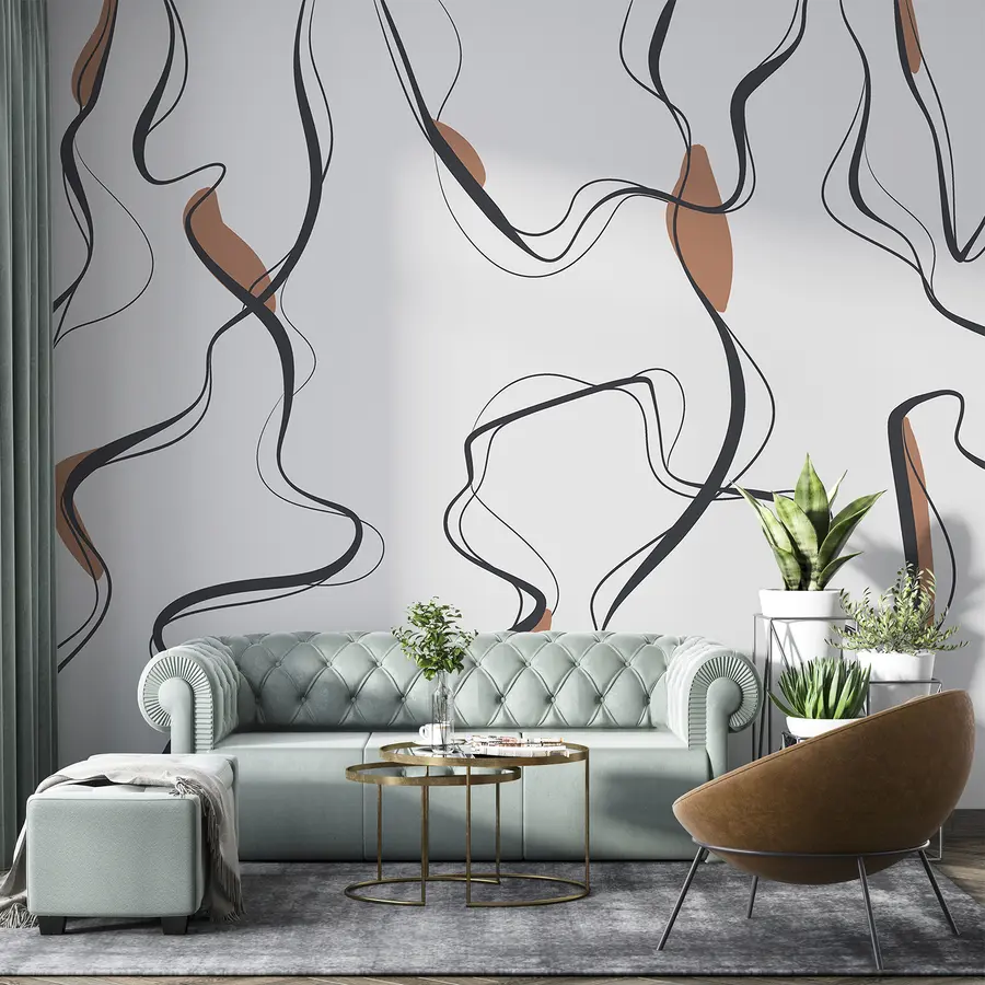 murales de pared Dibujo artístico a tinta, motivo abstracto, líneas geométricas, gris y naranja u99659v3