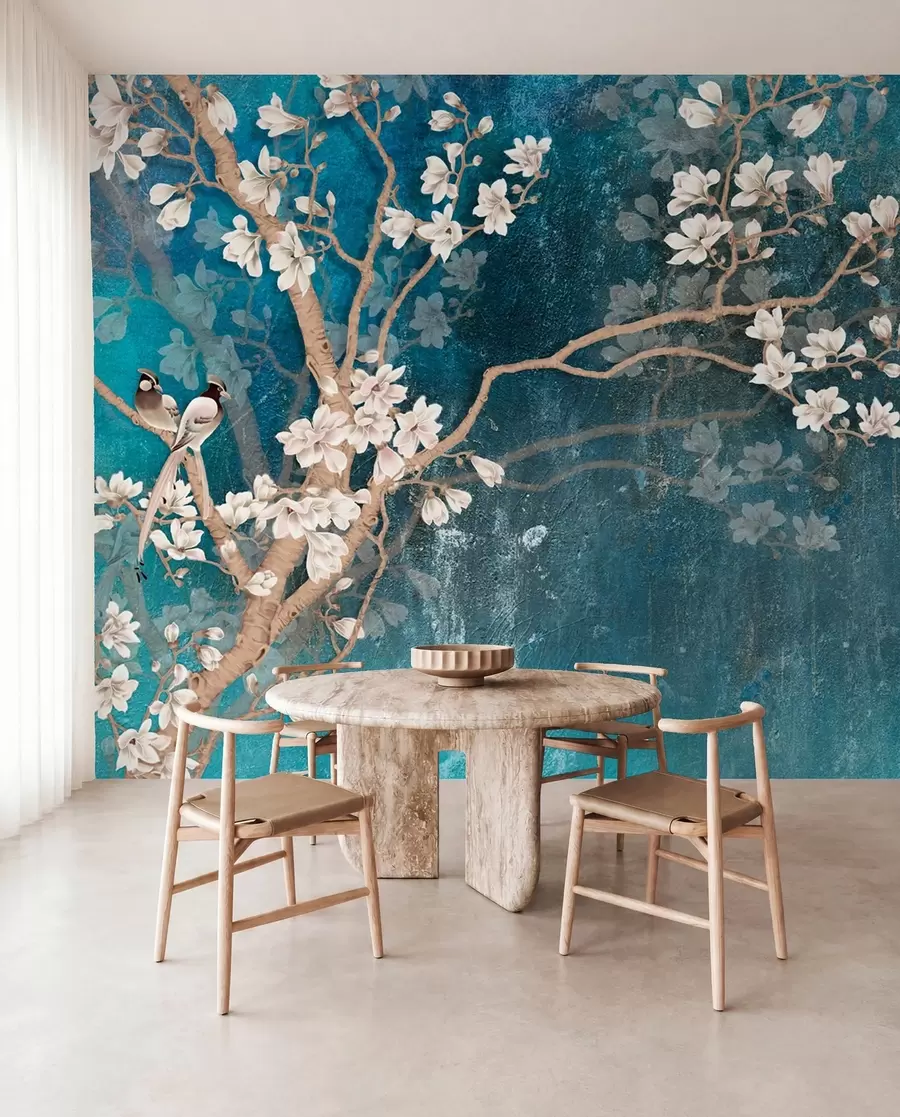 murales de pared Aves y flores sobre azul I u12150d1