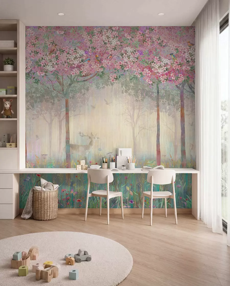 murales de pared Ciervos en bosque florido II u62100d2